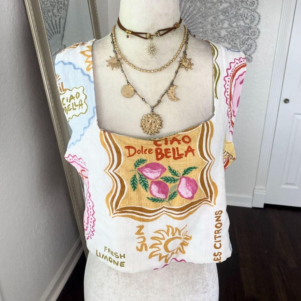 Paper Heart Australia Dolce Vita Italian Postcard Linen Crop Top L - Picture 3 of 6